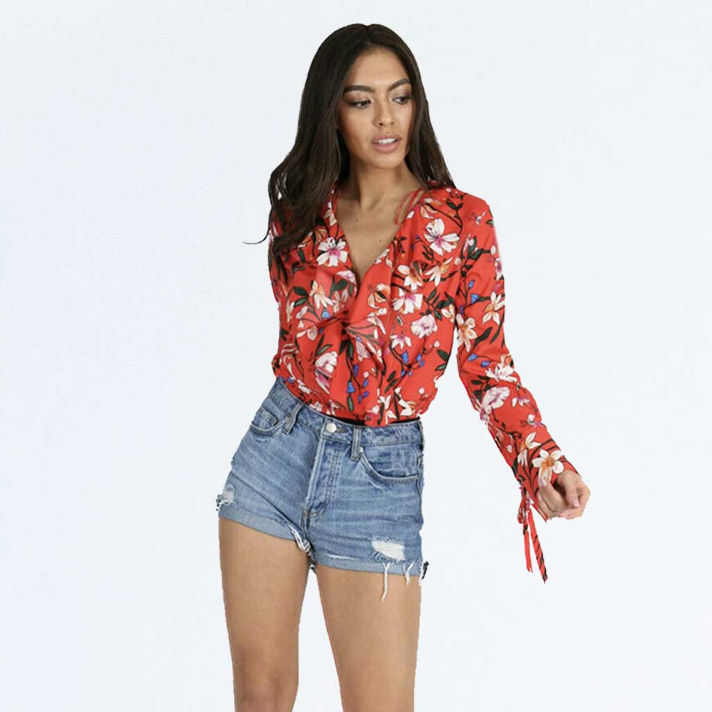 Red Floral Wrap V-neck Ruffle Frill Long Sleeve Blouse Bodysuit