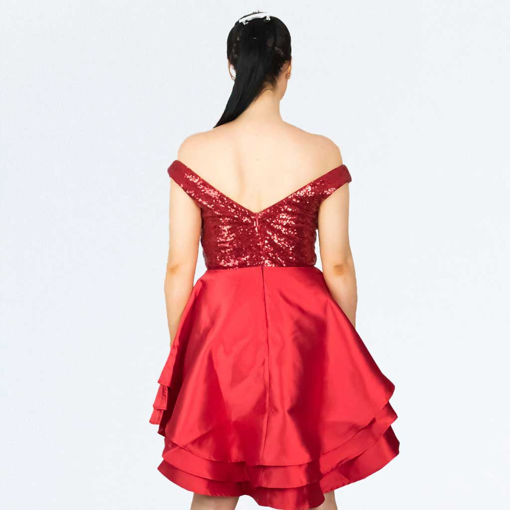 Red Sequin Embellished High Low Tiered Satin Party Dress