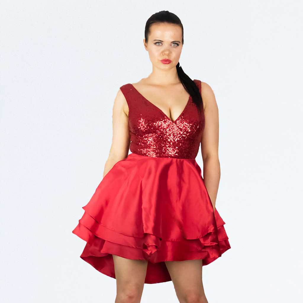 Red Sequin Embellished High Low Tiered Satin Party Dress