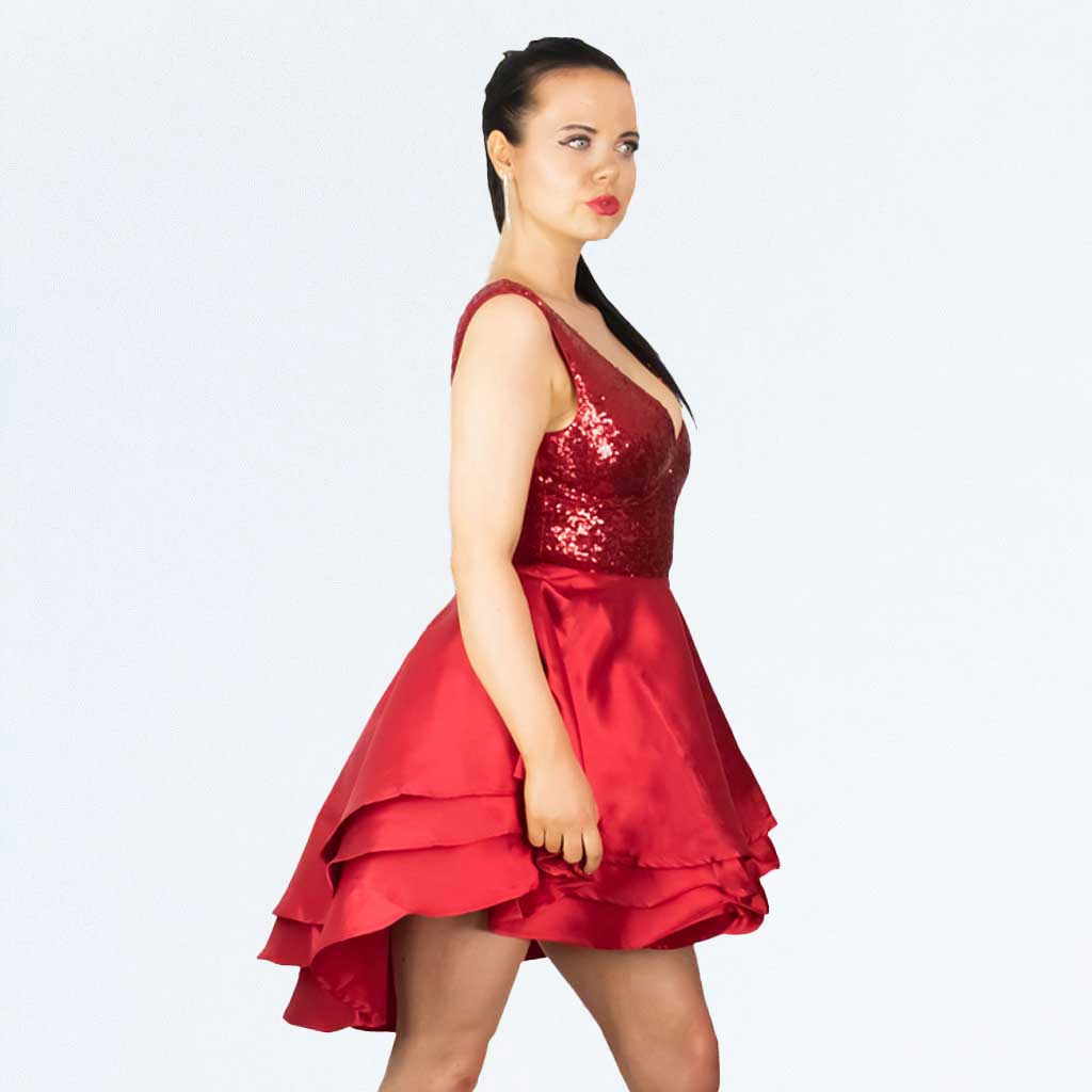 Red Sequin Embellished High Low Tiered Satin Party Dress