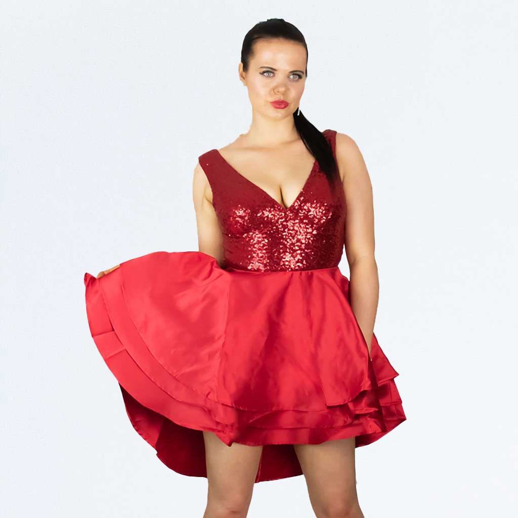 Red Sequin Embellished High Low Tiered Satin Party Dress