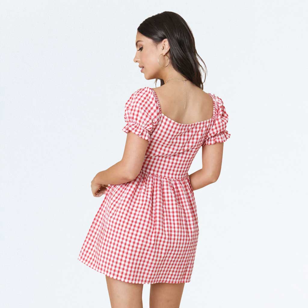 Red and White Gingham Puff Sleeve Button Milkmaid Peasant Dress