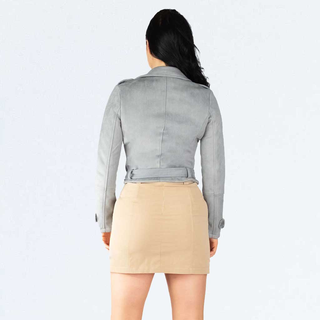 Urban Bliss Grey Faux Suede Suedette Zip Front Belted Biker Jacket