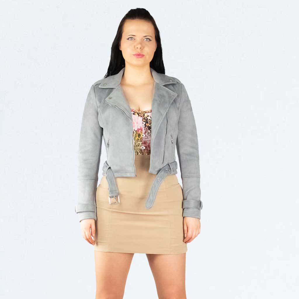 Urban Bliss Grey Faux Suede Suedette Zip Front Belted Biker Jacket