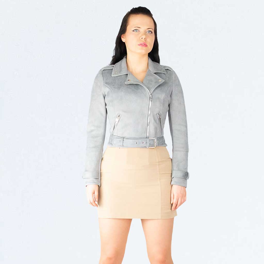 Urban Bliss Grey Faux Suede Suedette Zip Front Belted Biker Jacket