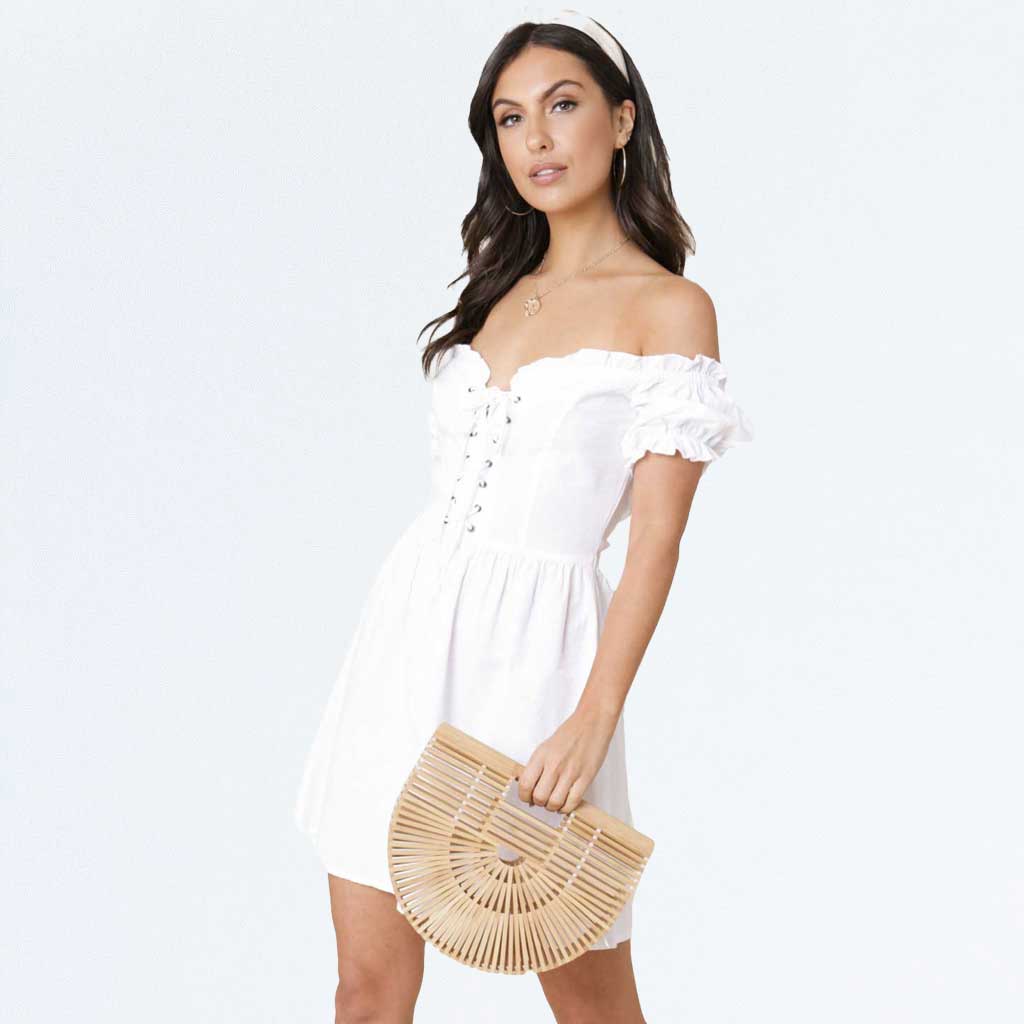 White Bardot Sleeve Lace Up Milkmaid Puff Sleeve Skater Dress