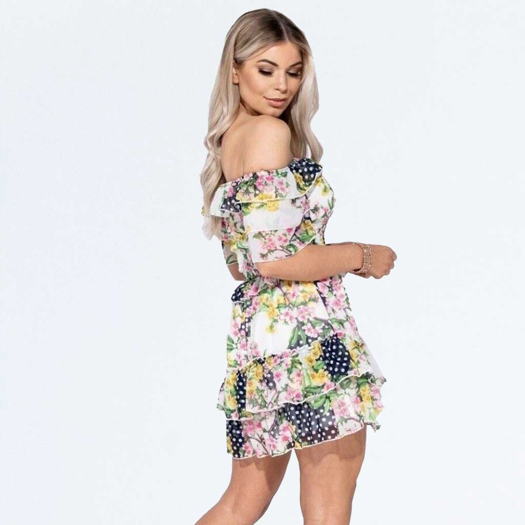 White Floral Polka Dot Patchwork Shirred Bardot Mini Dress