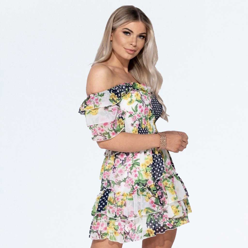 White Floral Polka Dot Patchwork Shirred Bardot Mini Dress