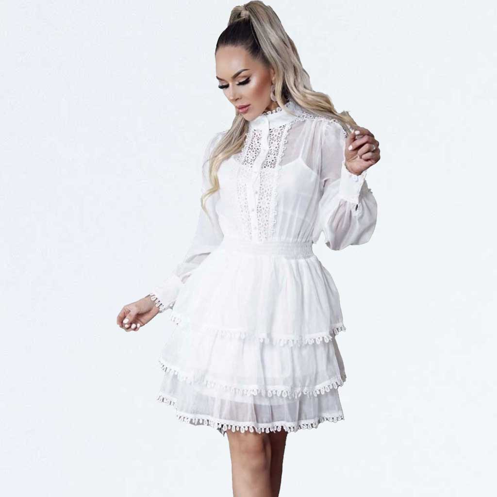 White Lace Chiffon Ruffle High Neck Tiered Long Sleeve Skater Dress